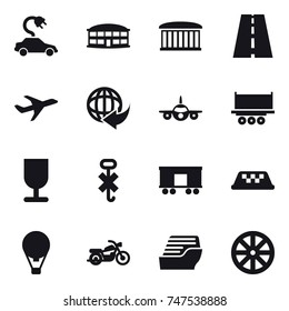 16 vector icon set : electric car, airport building, taxi, air ballon, motorcycle, cruise ship, wheel