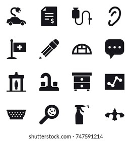 16 vector icon set : electric car, account balance, pencil, greenhouse, detector, water tap, nightstand, kolander, viruses, sprayer, hard reach place cleaning