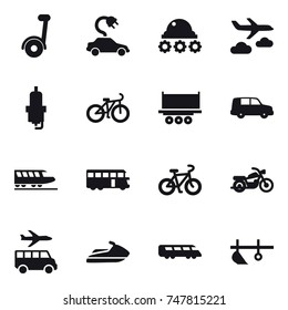 16 vector icon set : electric car, lunar rover, journey, spark plug, bike, train, bus, motorcycle, transfer, jet ski, plow