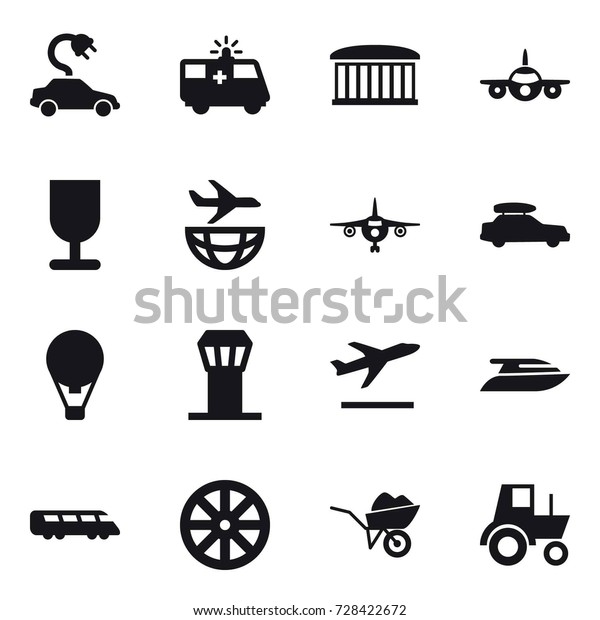 16 vector icon set : electric car,\
airport building, plane, car baggage, air ballon, airport tower,\
departure, yacht, wheel, wheelbarrow,\
tractor