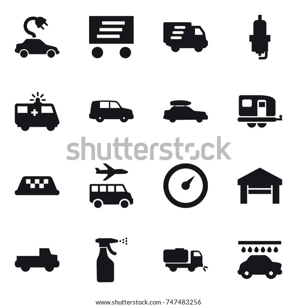 16 vector icon set : electric car,\
delivery, spark plug, car baggage, trailer, taxi, transfer,\
barometer, garage, pickup, sprayer, sweeper, car\
wash