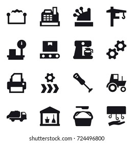 16 vector icon set : electrostatic, cashbox, tower crane, coffee maker, tractor, trash truck, utility room, washing powder, hand dryer