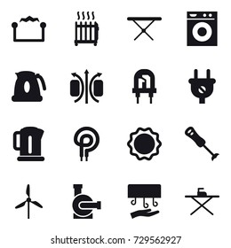 16 vector icon set : electrostatic, radiator, iron board, washing machine, kettle, windmill, water pump, hand dryer