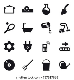 16 vector icon set : electrostatic, construction, tennis, bath, mixer, vacuum cleaner, fork, bucket, watering can