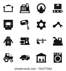 16 vector icon set : electrostatic, cashbox, atm, mixer, plow, harvester, tractor, trash truck, utility room, washing machine