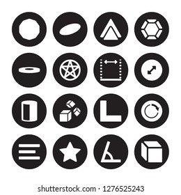 16 vector icon set : Ennegon, Angle, Asterisk, Center alignment, Circle, 3d cube, Disk, Cylinder, Dimensions isolated on black background