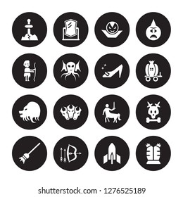 16 vector icon set : Excalibur, Atomic bomb, Bow and arrow, Broomstick, Caribbean, Armor, Curupira, Chimera, Cinderella shoe isolated on black background