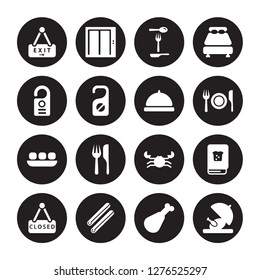 16 vector icon set : Exit, Chicken leg, Cinnamon roll, Closed, Cookbook, Chicken, Door hanger, Dim sum, Dish isolated on black background