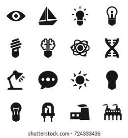 16 vector icon set : eye, boat, bulb, bulb brain, atom, dna, table lamp, ballon, sun