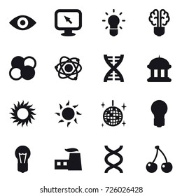 16 vector icon set : eye, monitor arrow, bulb, bulb brain, atom core, atom, dna, goverment house, sun, disco ball, cherry