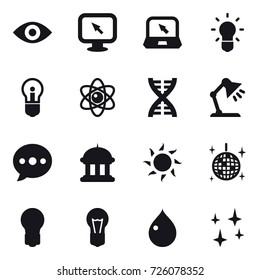 16 vector icon set : eye, monitor arrow, notebook, bulb, atom, dna, table lamp, ballon, goverment house, sun, disco ball, drop, shining