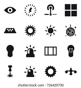 16 vector icon set : eye, lightning, laser, window, taxi, sun, disco ball, bulb, alarm, hard reach place cleaning