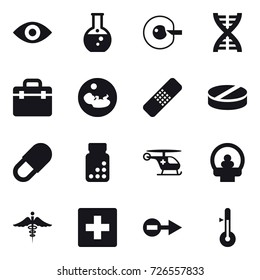 16 vector icon set : eye, round flask, cell corection, dna, first aid, thermometer