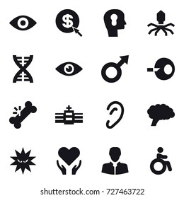 16 vector icon set : eye, dollar arrow, bulb head, virus, dna, invalid