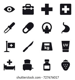 16 vector icon set : eye, uv cream, hospital, toaster, pills bottle, strawberry