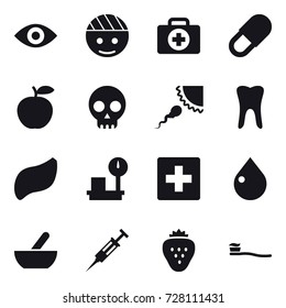 16 vector icon set : eye, first aid, drop, mortar, syringe, strawberry, tooth brush