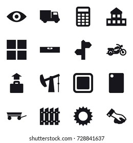 16 vector icon set : eye, truck, calculator, cottage, window, level, motorcycle, baggage, cutting board, trailer, fence, sun, wiping