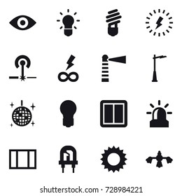 16 vector icon set : eye, bulb, lightning, laser, infinity power, lighthouse, outdoor light, disco ball, power switch, alarm, window, sun, hard reach place cleaning