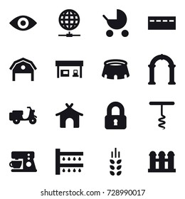 16 vector icon set : eye, globe connect, baby stroller, bunker, barn, gas station, stadium, arch, bungalow, locked, corkscrew, watering, spikelets, grain elevator