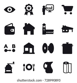 16 vector icon set : eye, medal, presentation, cart, wallet, home, church, house with garage, pan, hand mill, jug, paper towel
