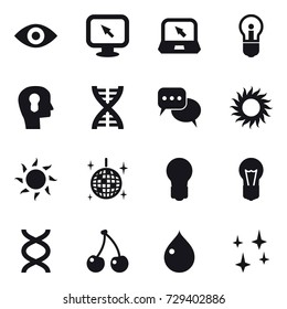 16 vector icon set : eye, monitor arrow, notebook, bulb, bulb head, dna, discussion, sun, disco ball, cherry, drop, shining