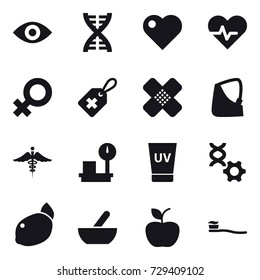 16 vector icon set : eye, dna, heart, uv cream, mortar, apple, tooth brush