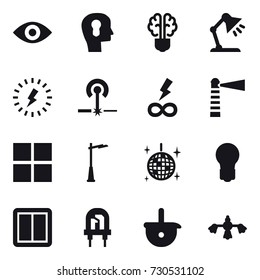 16 vector icon set : eye, bulb head, bulb brain, table lamp, lightning, laser, infinity power, lighthouse, window, outdoor light, disco ball, bulb, power switch, hard reach place cleaning