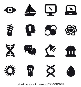 16 vector icon set : eye, boat, monitor arrow, notebook, bulb, bulb head, atom core, atom, dna, discussion, table lamp, goverment house, sun, drop