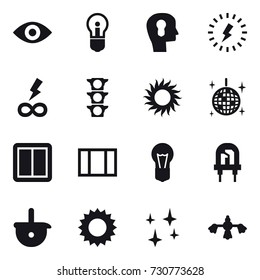 16 vector icon set : eye, bulb, bulb head, lightning, infinity power, sun, disco ball, power switch, window, shining, hard reach place cleaning