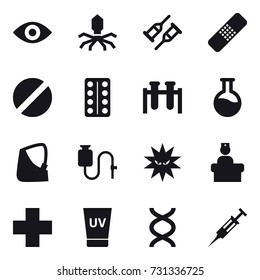 16 vector icon set : eye, virus, uv cream, syringe