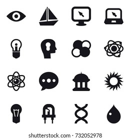 16 vector icon set : eye, boat, monitor arrow, notebook, bulb, bulb head, atom core, atom, ballon, goverment house, sun, drop