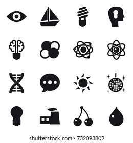 16 vector icon set : eye, boat, bulb, bulb head, bulb brain, atom core, atom, dna, ballon, sun, disco ball, cherry, drop