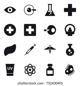16 vector icon set : eye, cell corection, flask, uv cream, pills bottle, microb