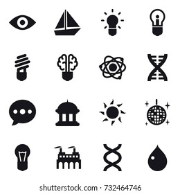 16 Vector Icon Set : Eye, Boat, Bulb, Bulb Brain, Atom, Dna, Ballon, Goverment House, Sun, Disco Ball, Drop