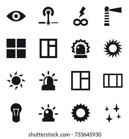 16 vector icon set : eye, laser, infinity power, lighthouse, window, sun, alarm, shining