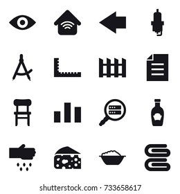 16 vector icon set : eye, wireless home, left arrow, spark plug, draw compass, ruler, fence, chair, sow, cheese, foam basin, stack of towels