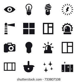 16 vector icon set : eye, bulb, lightning, lighthouse, window, camera, alarm, shining, clean  window