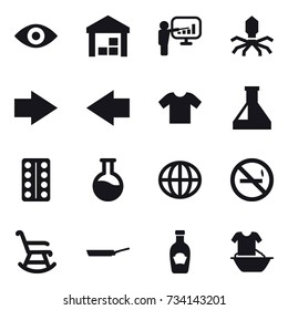 16 vector icon set : eye, warehouse, presentation, virus, right arrow, left arrow, t-shirt, globe, no smoking, rocking chair, pan, handle washing