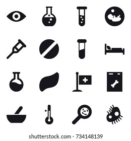 16 vector icon set : eye, round flask, vial, mortar, thermometer, viruses, microb