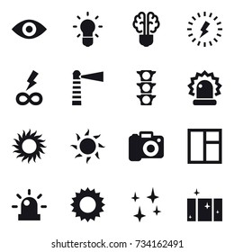 16 vector icon set : eye, bulb, bulb brain, lightning, infinity power, lighthouse, sun, camera, window, shining, clean  window