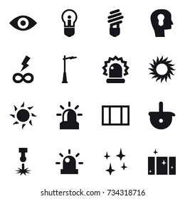 16 vector icon set : eye, bulb, bulb head, infinity power, outdoor light, sun, alarm, window, shining, clean  window