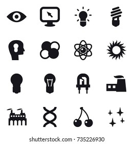 16 vector icon set : eye, monitor arrow, bulb, bulb head, atom core, atom, sun, cherry, shining