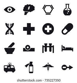 16 vector icon set : eye, brain, hex molecule, round flask, dna