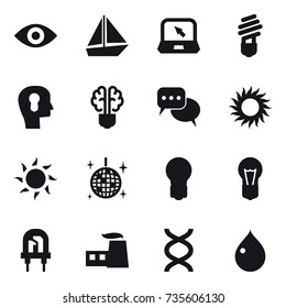 16 Vector Icon Set : Eye, Boat, Notebook, Bulb, Bulb Head, Bulb Brain, Discussion, Sun, Disco Ball, Drop