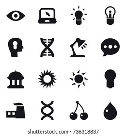 16 vector icon set : eye, notebook, bulb, bulb head, dna, table lamp, ballon, goverment house, sun, cherry, drop 16 vector icon set : eye, notebook, bulb, bulb head, dna, table lamp, ballon, goverment house, sun, cherry, drop