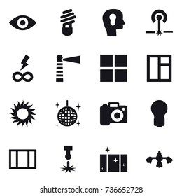 16 vector icon set : eye, bulb, bulb head, laser, infinity power, lighthouse, window, sun, disco ball, camera, clean  window, hard reach place cleaning
