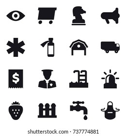 16 vector icon set : eye, delivery, chess horse, megafon, barn, pool, alarm, strawberry, grain elevator, water tap, apron