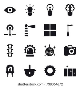 16 vector icon set : eye, bulb, bulb brain, laser, lighthouse, window, outdoor light, disco ball, camera, sun, clean  window