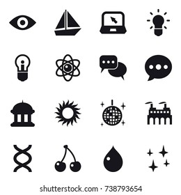 16 vector icon set : eye, boat, notebook, bulb, atom, discussion, ballon, goverment house, sun, disco ball, cherry, drop, shining