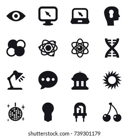16 vector icon set : eye, monitor arrow, notebook, bulb head, atom core, atom, dna, table lamp, ballon, goverment house, sun, disco ball, bulb, cherry